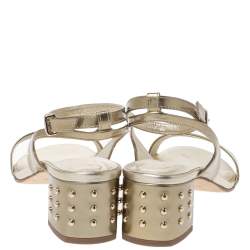 Pre Owned Tod's Gold Patent Leather Studded Heel Ankle Strap Sandals Size 39.5