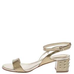Pre Owned Tod's Gold Patent Leather Studded Heel Ankle Strap Sandals Size 39.5