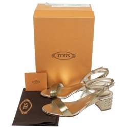 Pre Owned Tod's Gold Patent Leather Studded Heel Ankle Strap Sandals Size 39.5