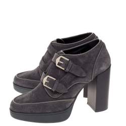 مملوكة مسبقًا Tod's Grey Suede Leather Buckle Block Heel Ankle Booties Size 38