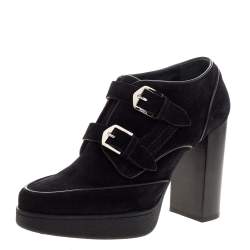 مملوكة مسبقًا Tod's Black Suede Leather Buckle Block Heel Ankle Booties Size 38.5 