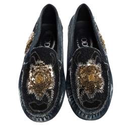 Pre Owned حذاء لوفرز تودز سليب أون مزخرف ترتر قماش دنيم أزرق مقاس 37.5