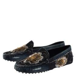 Pre Owned حذاء لوفرز تودز سليب أون مزخرف ترتر قماش دنيم أزرق مقاس 38.5