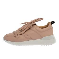 Pre Owned Tod's Pink Leather Studded Fringe Low Top Sneakers Size 36.5