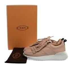 Pre Owned Tod's Pink Leather Studded Fringe Low Top Sneakers Size 36.5
