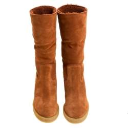 مملوكة مسبقًا Tod's Brown Shearling And Suede Leather Wedge Ankle Boots Size 37