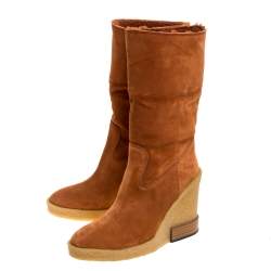 مملوكة مسبقًا Tod's Brown Shearling And Suede Leather Wedge Ankle Boots Size 37