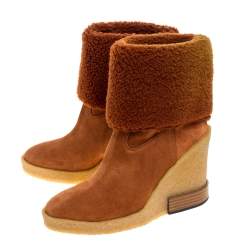 مملوكة مسبقًا Tod's Brown Shearling And Suede Leather Wedge Ankle Boots Size 37