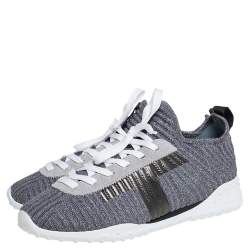 Pre Owned Tod's Metallic Grey/Black Knit Fabric And Leather Sneakers Size 40