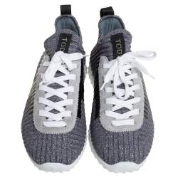 Pre Owned Tod's Metallic Grey/Black Knit Fabric And Leather Sneakers Size 40