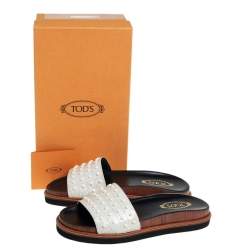 Pre Owned Tod's Grey Croc Embossed Leather Slide Sandals Size 37