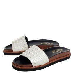 Pre Owned Tod's Grey Croc Embossed Leather Slide Sandals Size 37