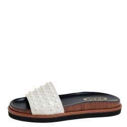 Pre Owned Tod's Grey Croc Embossed Leather Slide Sandals Size 37