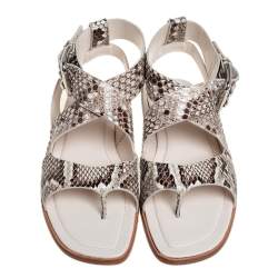 Tod's Brown/Cream Python Leather Ankle Strap Flat Sandals Size 37.5