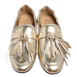 Pre Owned Tod's Metallic Gold/Silver Leather Fringe Slip On Loafers Size 36.5