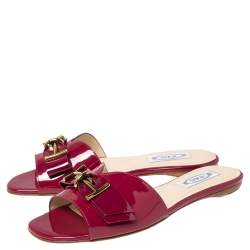 Pre Owned Tod's Magenta Patent Leather T Ribbon Flat Sandals Size 37