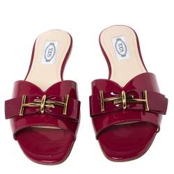 Pre Owned Tod's Magenta Patent Leather T Ribbon Flat Sandals Size 37