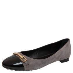 Pre Owned Tod's Grey/Black Suede And Patent Leather Cap Toe Buckle Ballet Flats Size 38