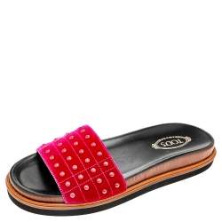Tod's Fuchsia Velvet Studded Flat Slides Size 39