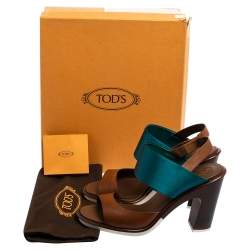 Tod's Teal Blue/Brown Leather and Satin Block Heel Slingback Sandals Size 40.5