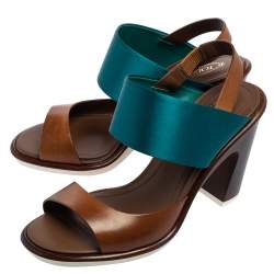 Tod's Teal Blue/Brown Leather and Satin Block Heel Slingback Sandals Size 40.5