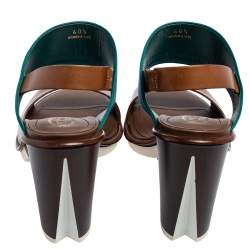 Tod's Teal Blue/Brown Leather and Satin Block Heel Slingback Sandals Size 40.5