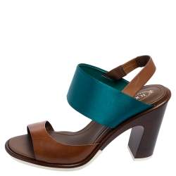 Tod's Teal Blue/Brown Leather and Satin Block Heel Slingback Sandals Size 40.5