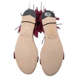 Pre Owned Tod's Deep Magenta Suede Leaves Fringe Ankle-Strap Flat Sandals Size 38.5
