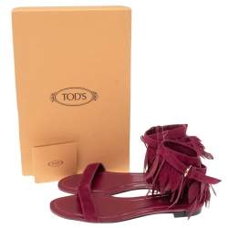 Pre Owned Tod's Deep Magenta Suede Leaves Fringe Ankle-Strap Flat Sandals Size 38.5