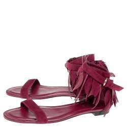 Pre Owned Tod's Deep Magenta Suede Leaves Fringe Ankle-Strap Flat Sandals Size 38.5