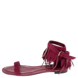 Pre Owned Tod's Deep Magenta Suede Leaves Fringe Ankle-Strap Flat Sandals Size 38.5