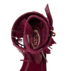 Pre Owned Tod's Deep Magenta Suede Leaves Fringe Ankle-Strap Flat Sandals Size 38.5