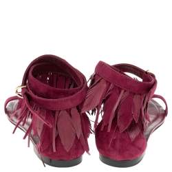 Pre Owned Tod's Deep Magenta Suede Leaves Fringe Ankle-Strap Flat Sandals Size 38.5