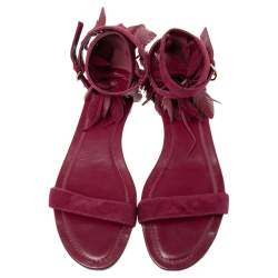 Pre Owned Tod's Deep Magenta Suede Leaves Fringe Ankle-Strap Flat Sandals Size 38.5
