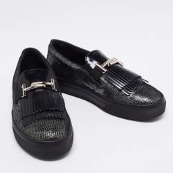 Pre Owned Tod's Black/Silver Laminated Suede Double T Fringe Slip-On Sneakers Size 40.5