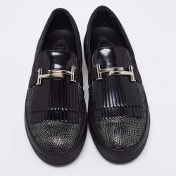 Pre Owned Tod's Black/Silver Laminated Suede Double T Fringe Slip-On Sneakers Size 40.5