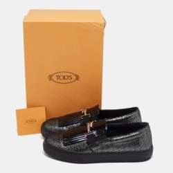 Pre Owned Tod's Black/Silver Laminated Suede Double T Fringe Slip-On Sneakers Size 40.5