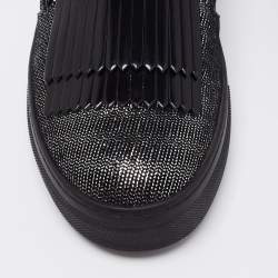 Pre Owned Tod's Black/Silver Laminated Suede Double T Fringe Slip-On Sneakers Size 40.5