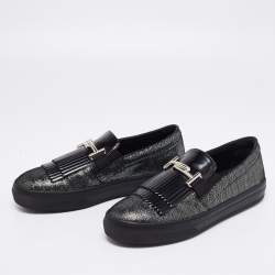 Pre Owned Tod's Black/Silver Laminated Suede Double T Fringe Slip-On Sneakers Size 40.5
