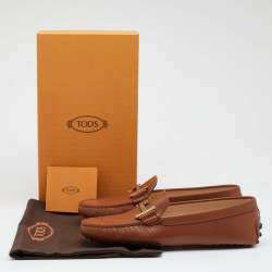 Pre Owned Tod's Brown Leather Double T Slip On Loafers Size 38.5