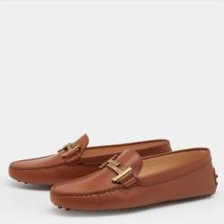 Pre Owned Tod's Brown Leather Double T Slip On Loafers Size 38.5