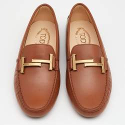Pre Owned Tod's Brown Leather Double T Slip On Loafers Size 38.5