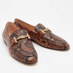 مملوكة مسبقًا Tod's Brown/Black Python Embossed Leather Double T Slip On Loafers Size 40