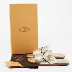 Pre Owned Tod's Metallic Gold Leather Studded Embellished Slide Flat Sandals Size 37