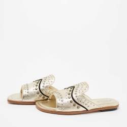 Pre Owned Tod's Metallic Gold Leather Studded Embellished Slide Flat Sandals Size 37