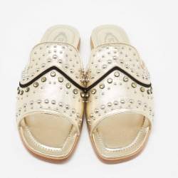 Pre Owned Tod's Metallic Gold Leather Studded Embellished Slide Flat Sandals Size 37