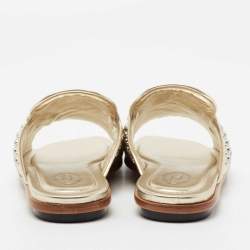 Pre Owned Tod's Metallic Gold Leather Studded Embellished Slide Flat Sandals Size 37