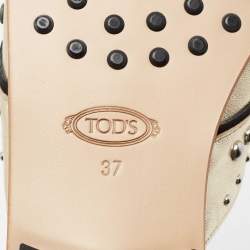 Pre Owned Tod's Metallic Gold Leather Studded Embellished Slide Flat Sandals Size 37