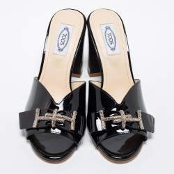 Pre Owned Tod's Black Patent Leather Double T Embellished Slide Sandals Size 38.5