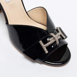 Pre Owned Tod's Black Patent Leather Double T Embellished Slide Sandals Size 38.5